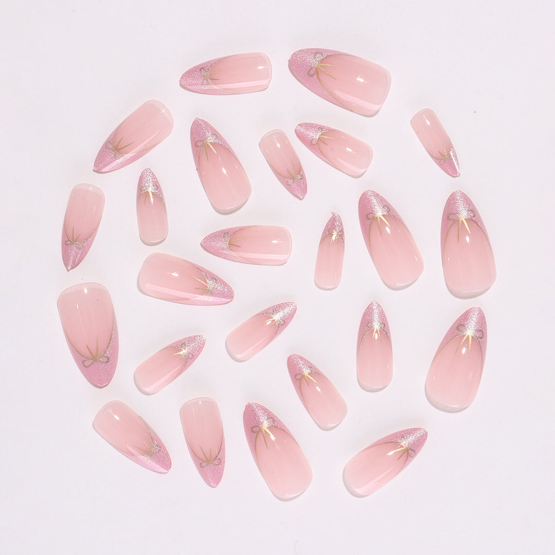 Artificial nail set with shimmering tips and elegant bows Bowlift