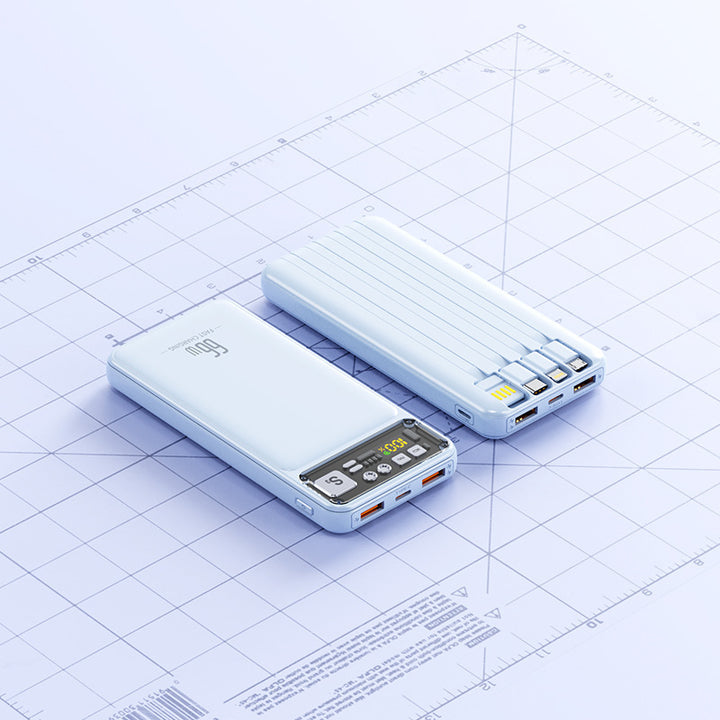 Power bank with integrated cable system and digital charging display Bowlift