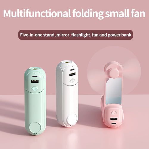 Unisex nan foldable handheld fan with built in USB power bank and compact mirror Bowlift