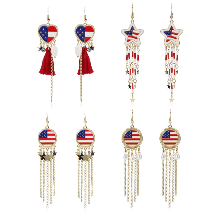 Women's nan long beaded fringe dangle earrings with enamel flag medallion and crystal drops Bowlift