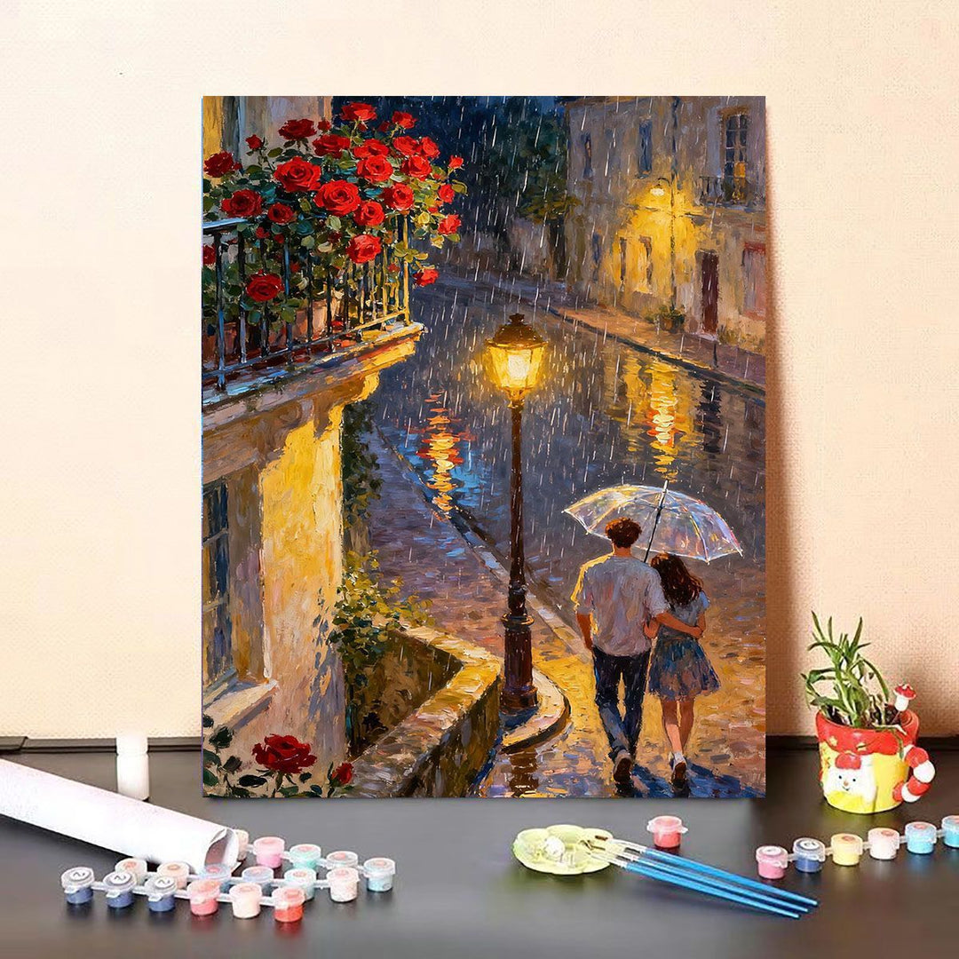 Romantic Rainy Street Scene Paint by Numbers Kit Bowlift