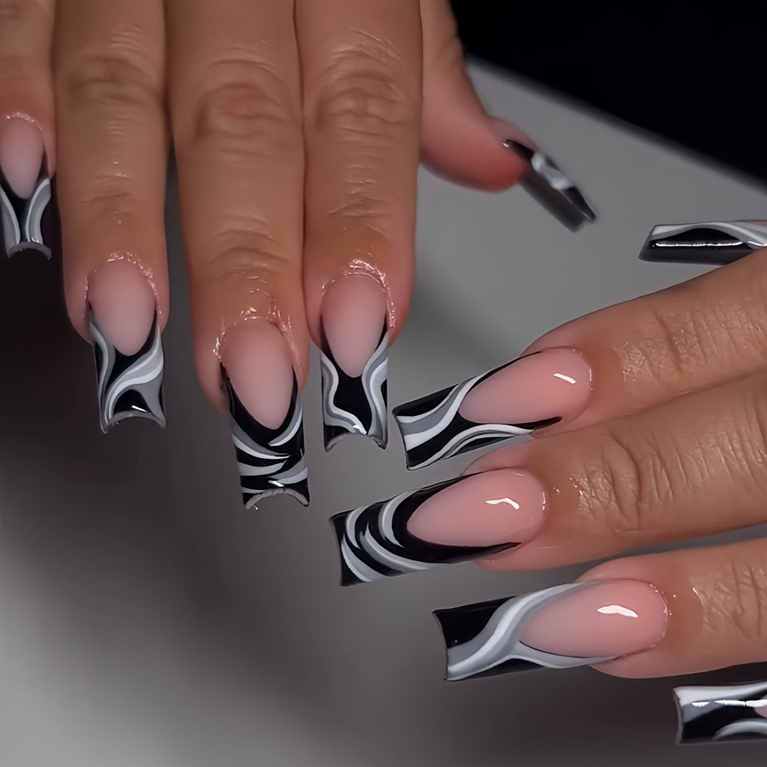 Artistic Press-On Nail Extensions with Marble Design Bowlift