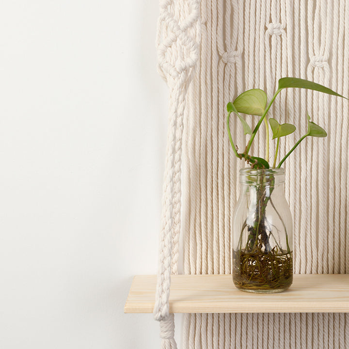 Macramé Wall Shelf with Integrated Plant Holder Bowlift