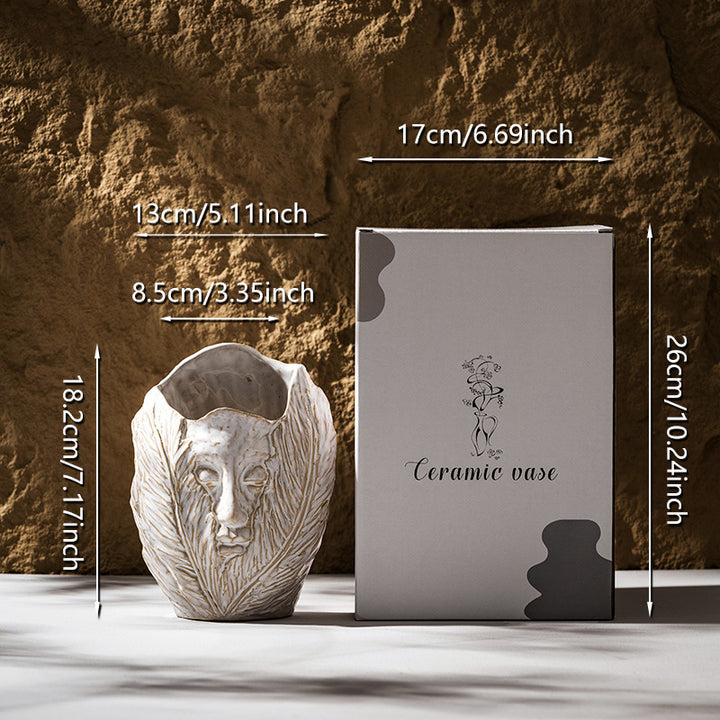 Sculptural Ceramic Face & Leaf Texture Tabletop Vase