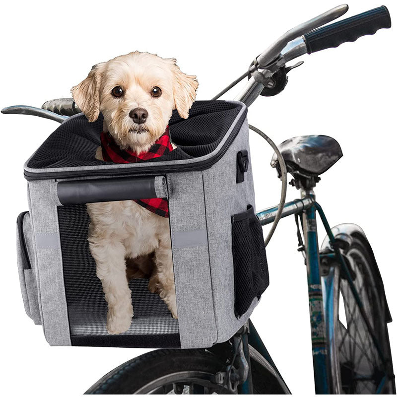front-mounted reinforced pet bicycle carrier tote with structured frame mesh entry and removable washable liner Bowlift