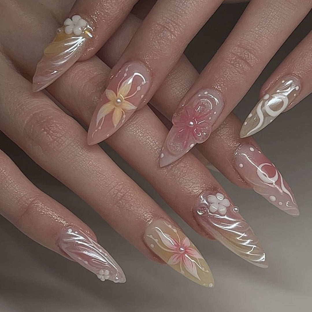 Artful Nail Extensions with Floral and Elegant Design Bowlift