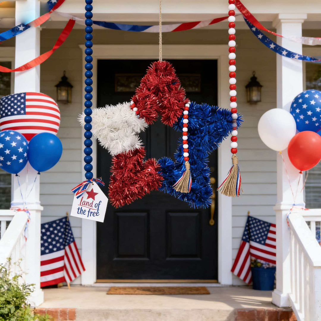 Unisex nan patriotic star door wreath made of artificial tinsel with wooden bead tassel and hanging pendant Bowlift