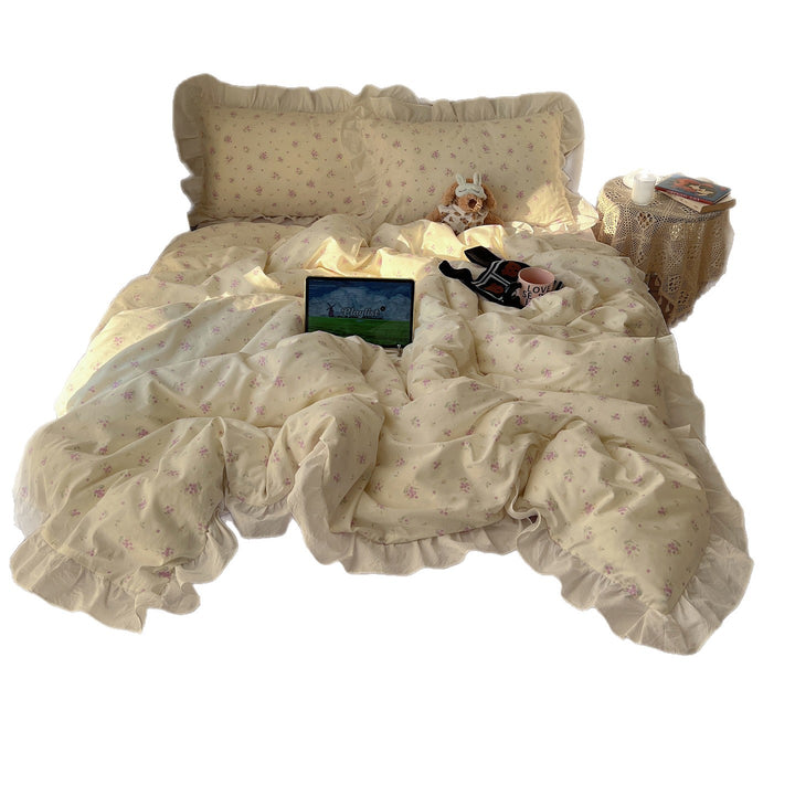 Romantic cotton satin bedding set with ruffled frills and fine floral pattern