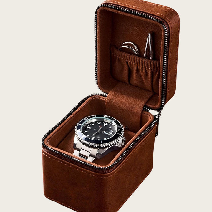 Leatherette Travel Watch Case with Suede-Lined Interior and Tool Pouch Bowlift