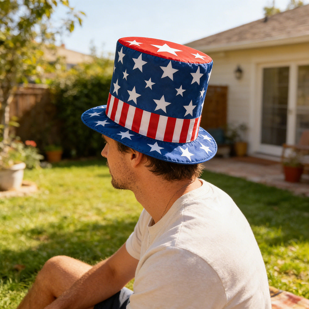 Unisex nan patriotic novelty tall top hat with star-printed band and striped brim Bowlift