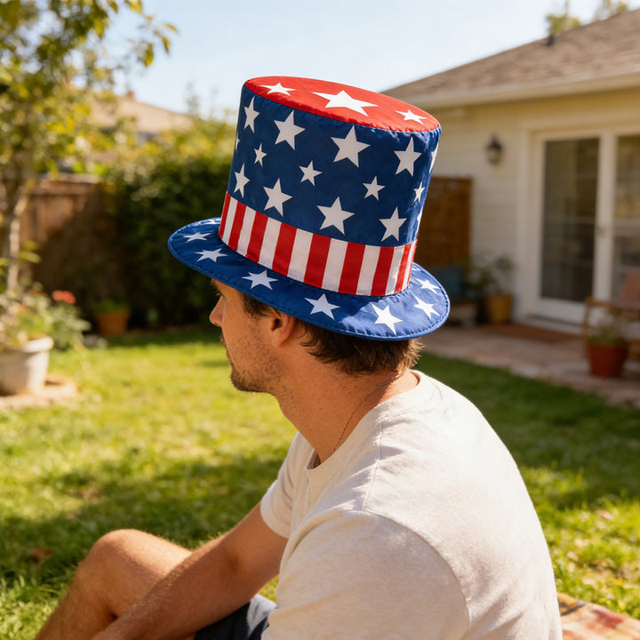 Unisex nan patriotic top hat with stars and stripes pattern made of satin Bowlift