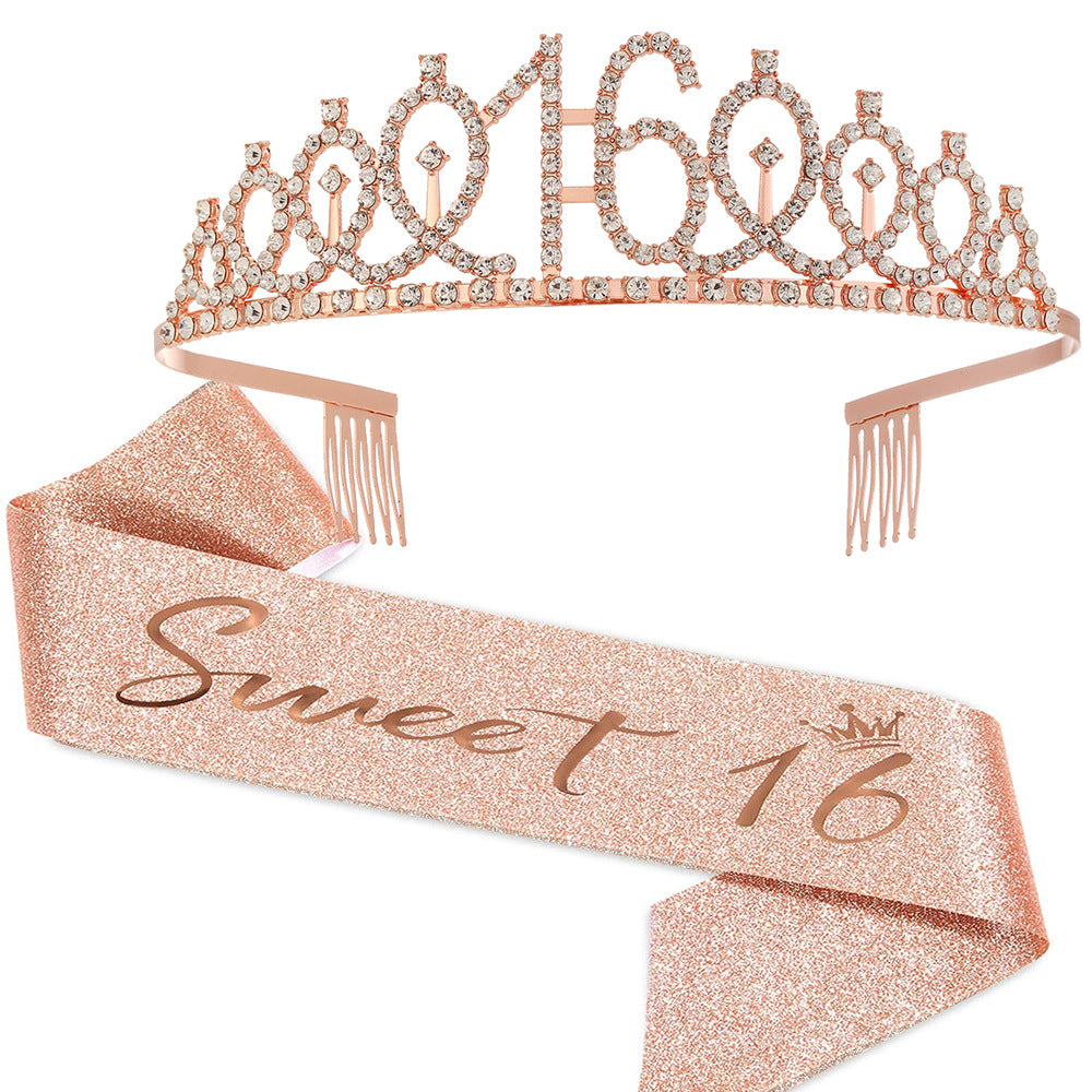 Girl Glittering Birthday Crown and Sash Set Bowlift