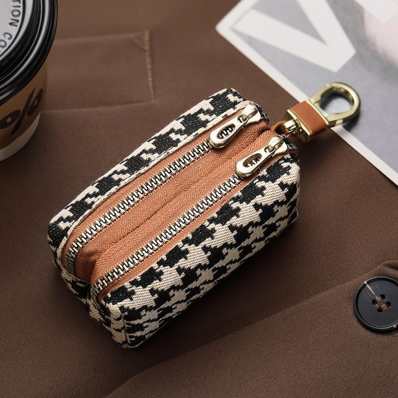 Double-Zippered Houndstooth Pattern Cosmetic Pouch Bowlift