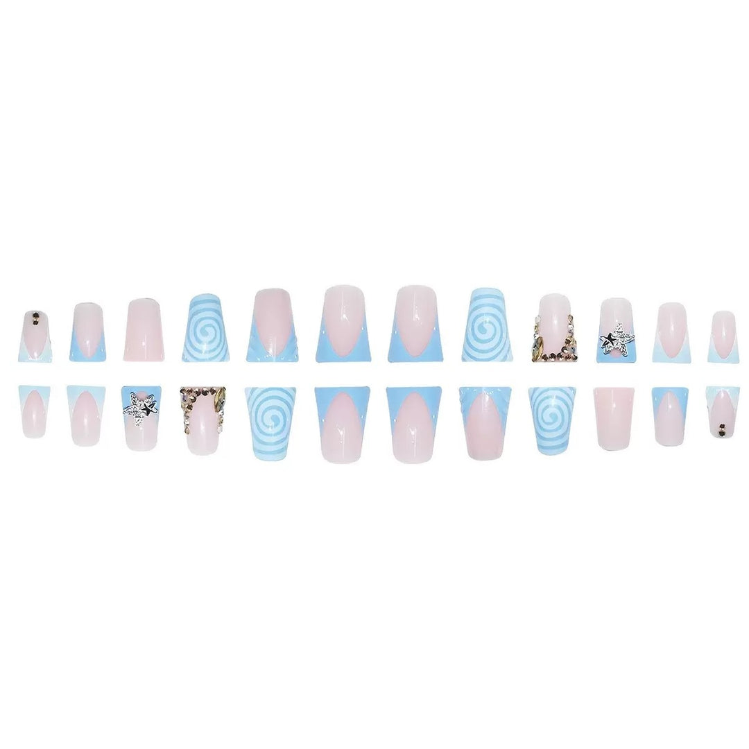 Artistic Long Press-On Nail Design with 3D Star Accents Bowlift