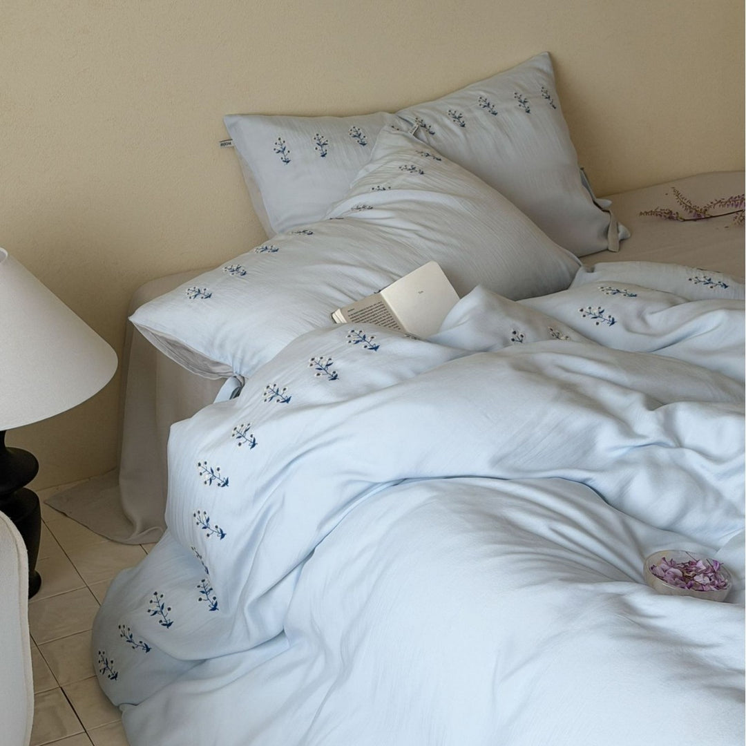 Washed Cotton Embroidered Botanical Duvet Cover and Pillowcase Set