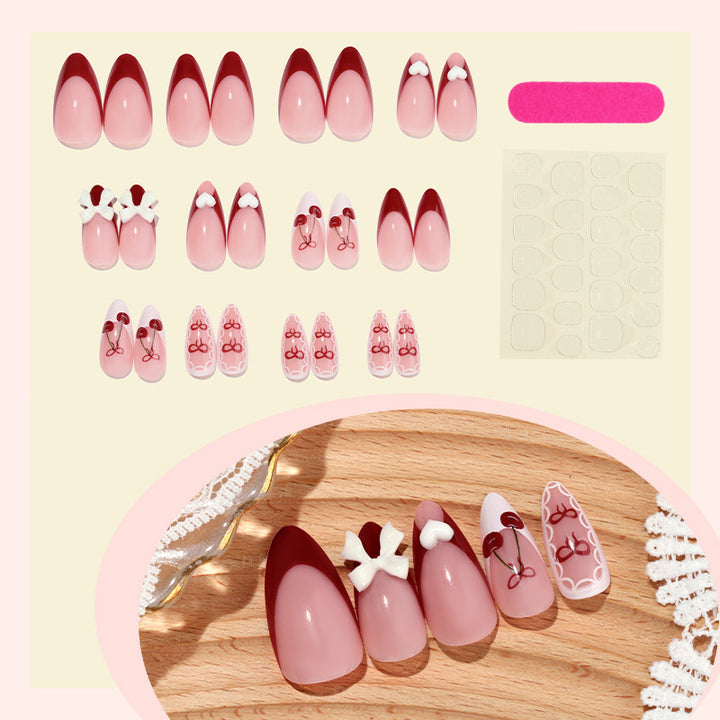 Decorative Press-On Nail Art Set with 3D Bow and Cherry Designs Bowlift