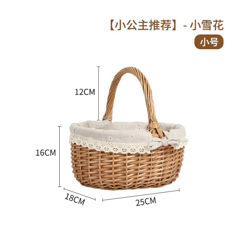 Women's braided basket with checkered fabric insert and decorative lace embellishment Bowlift