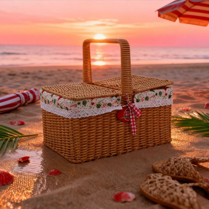 Ladies picnic basket with double compartment and decorative fabric trim Bowlift