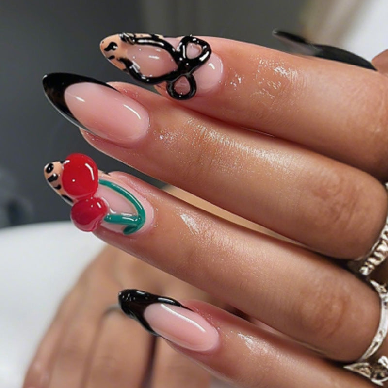 Creative Nail Art Press-On Set with Bow and Cherry Designs Bowlift