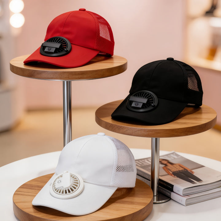 Unisex cap with integrated fan Bowlift