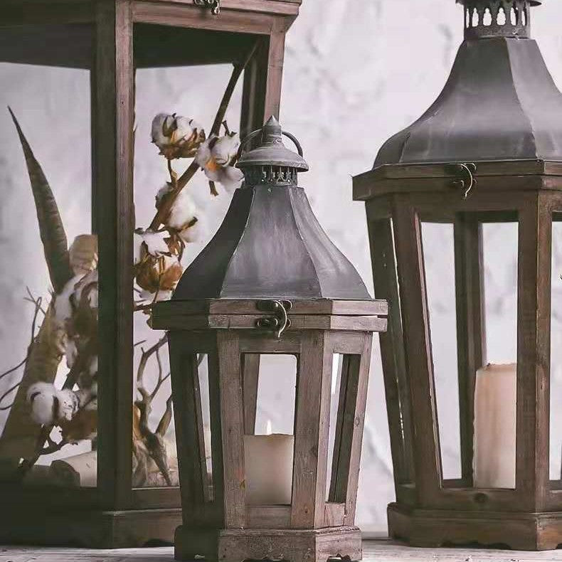 Rustic Weathered Wood and Metal Indoor Outdoor Candle Lantern Set Bowlift