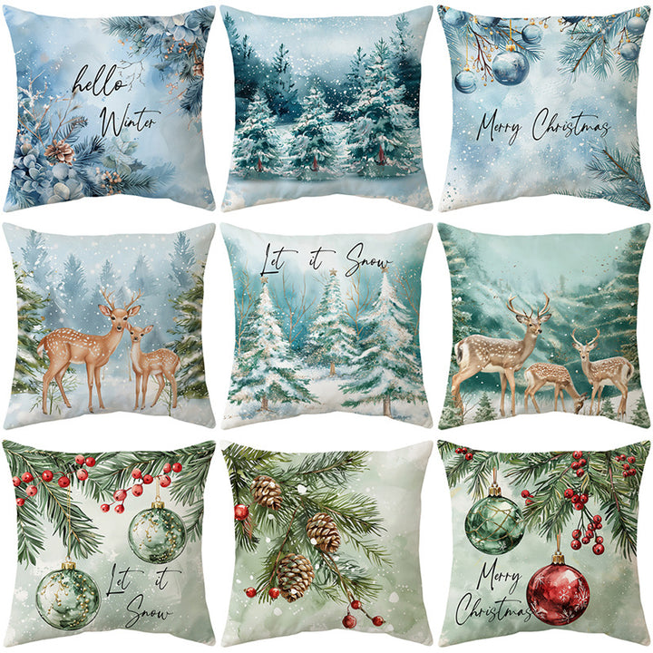 Decorative Linen-Texture Square Throw Pillow Cover with Winter Deer Forest Print