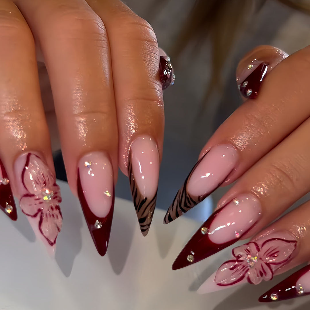 Artistic Floral Stiletto Press-On Nail Art Bowlift