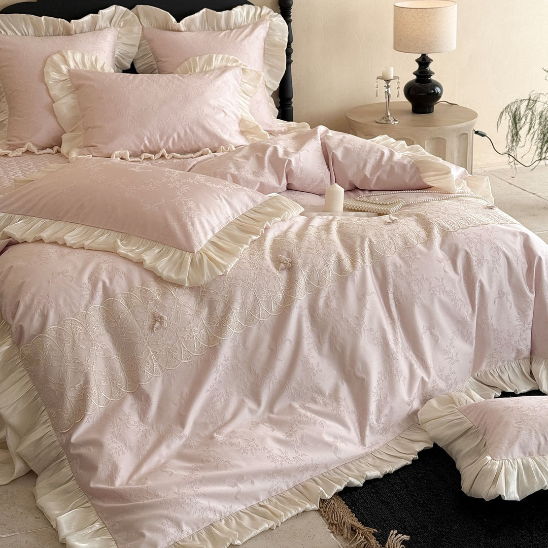 Jacquard Embroidered Satin-Ruffle Duvet Cover Set
