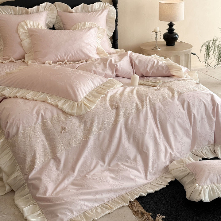 Jacquard Embroidered Satin-Ruffle Duvet Cover Set