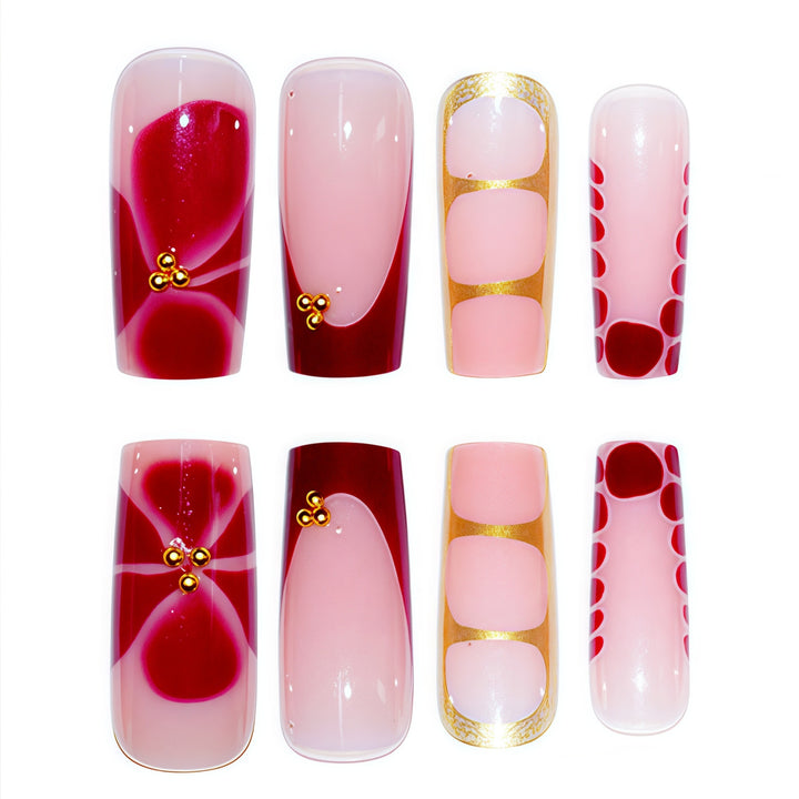 Artistic Gradient Press-On Nail Set with Gold Accents Bowlift