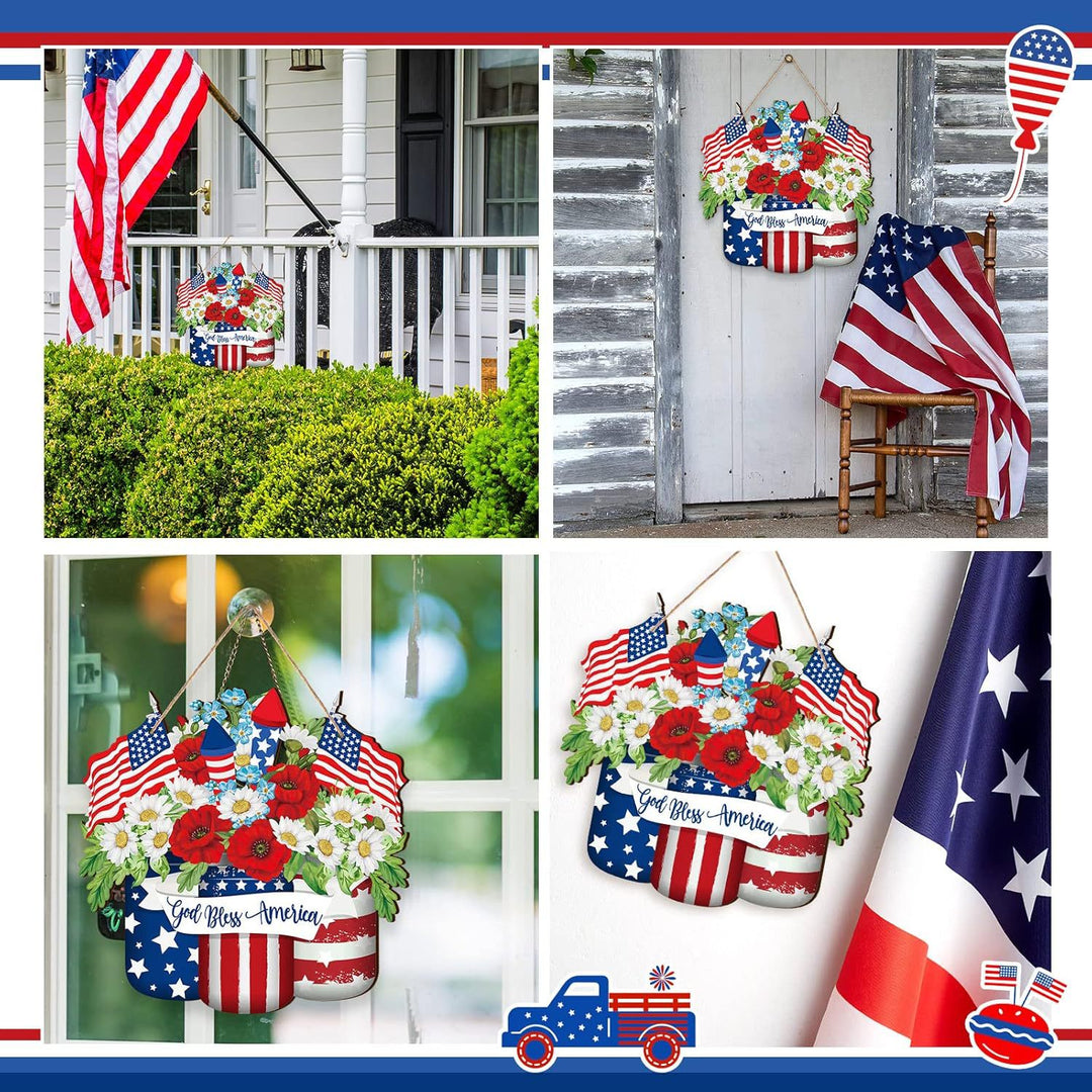 Unisex nan patriotic layered wooden door hanger with American flag buckets and floral bouquet Bowlift