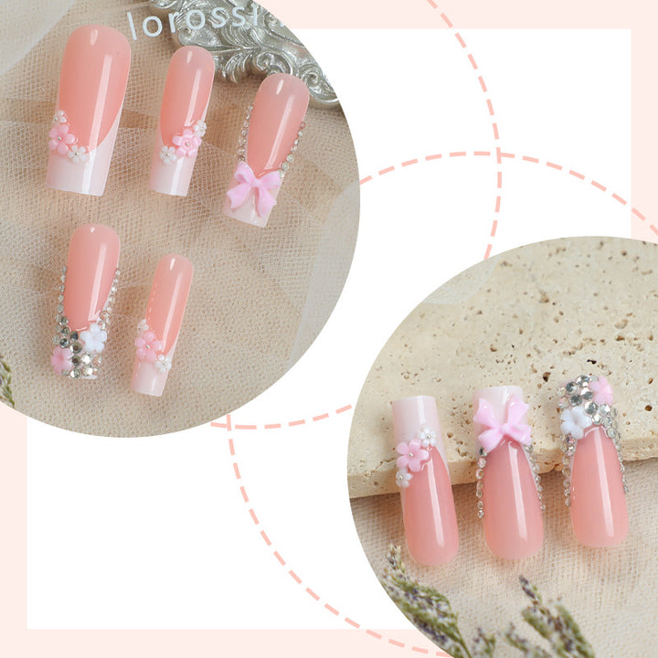 Decorative Press-On Nail Set with Elegant Floral and Gem Accents Bowlift