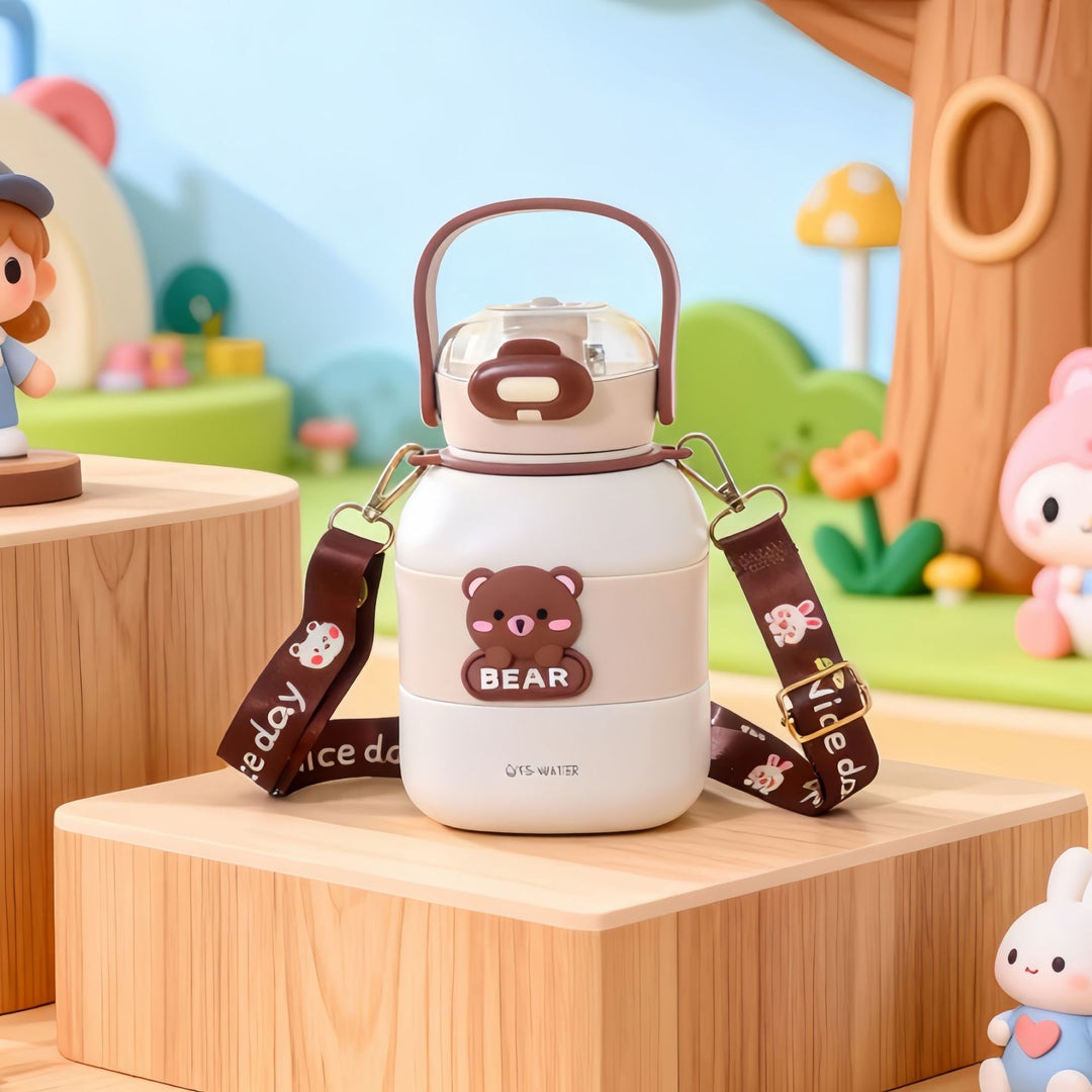 Ladies Insulated Drinking Bottle with Integrated Carry Strap and Animal Motif Bowlift