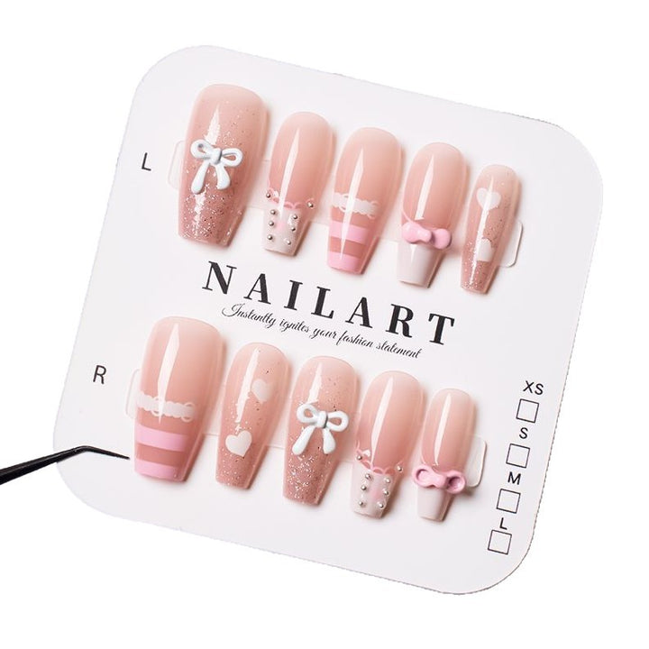 Decorative Press-On Nail Set with Bow and Heart Designs Bowlift