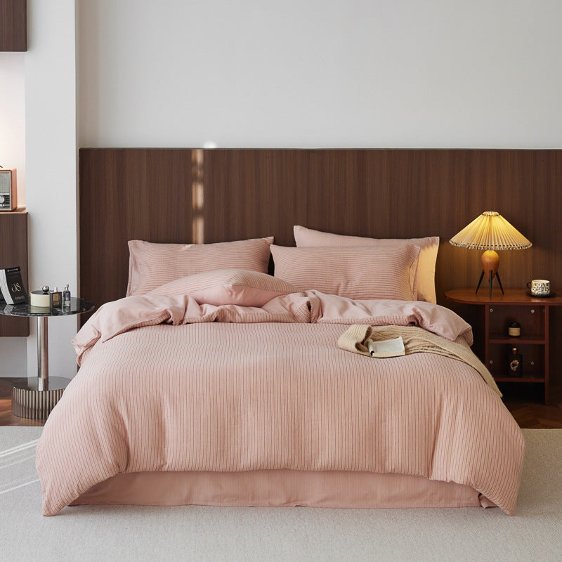 Finely striped cotton satin bedding set with reversible function and extra soft feel