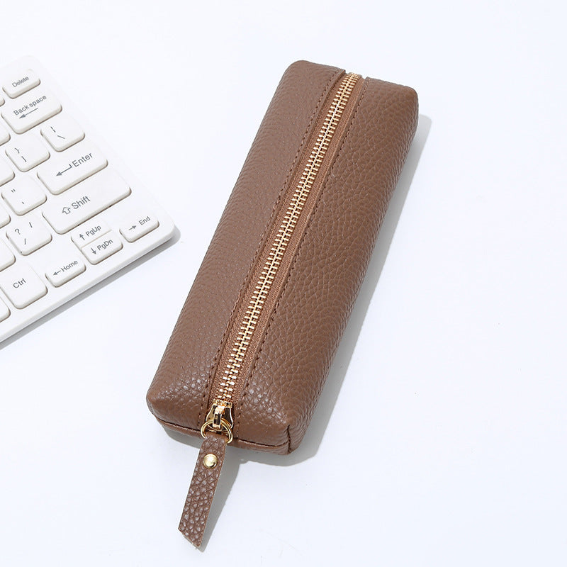 Genuine Pebbled Leather Slim Pen Case with Gold Zipper Bowlift