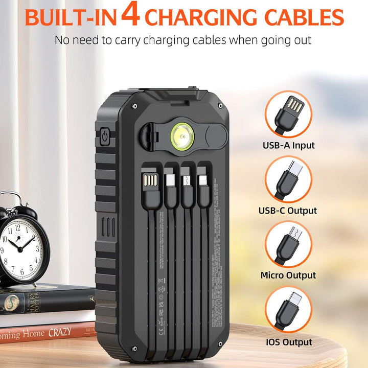 Solar Power Bank with Integrated Charging Cables and LED Flashlight Bowlift