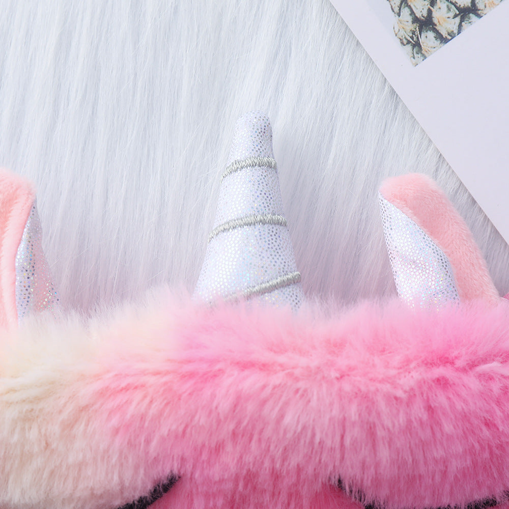 Women's plush-filled unicorn sleep mask with 3D horn, embroidered eyelashes and adjustable satin band Bowlift