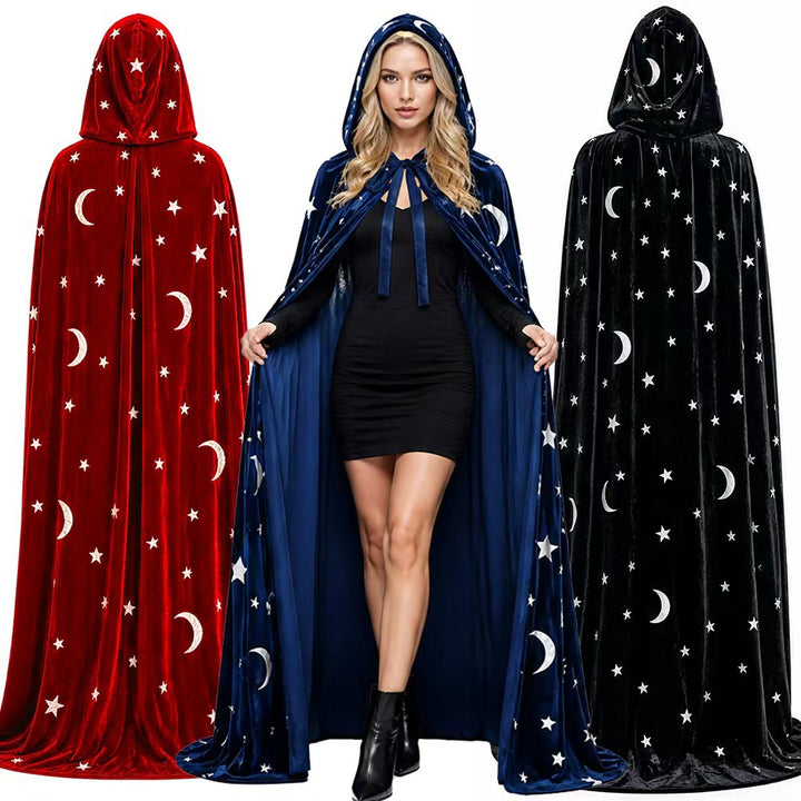 Floor-Length Velvet Hooded Cloak with Celestial Moon and Star Appliqué Bowlift