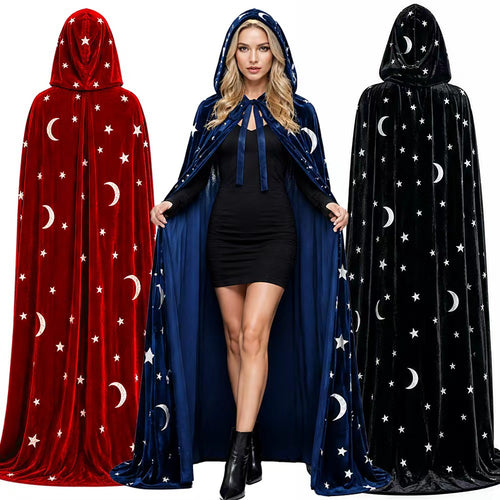 Floor-Length Velvet Hooded Cloak with Celestial Moon and Star Appliqué Bowlift