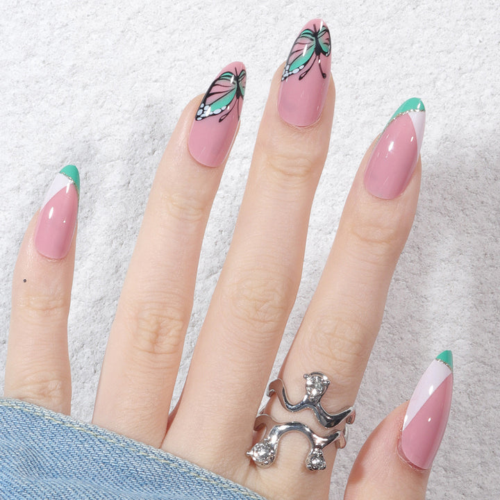 Artistic Press-On Nail Set with Butterfly Design Bowlift