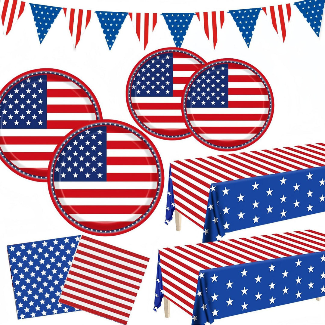 Unisex nan patriotic disposable party tableware and decoration kit with printed flag paper plates matching table covers napkins and pennant bunting Bowlift