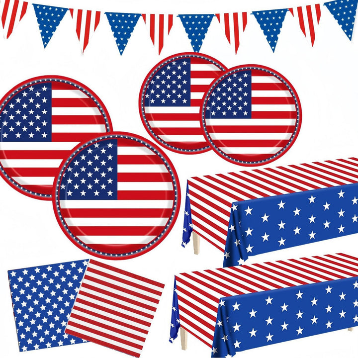 Unisex nan patriotic disposable party tableware and decoration kit with printed flag paper plates matching table covers napkins and pennant bunting Bowlift