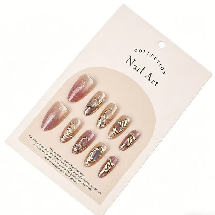 Artistic Press-On Nail Set with Gold Accents Bowlift