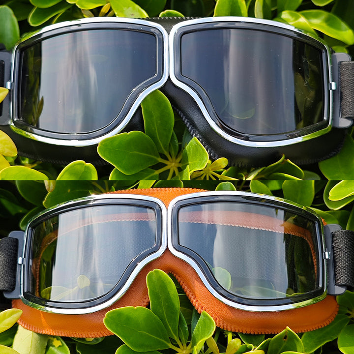 Polarized Mirrored Motorcycle Goggles with Leather Trim and Padded Foam Seal Bowlift