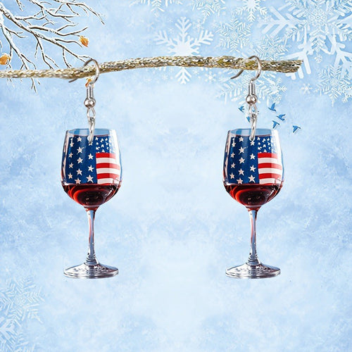 Women's nan novelty wine glass dangle earrings with patriotic American flag enamel Bowlift