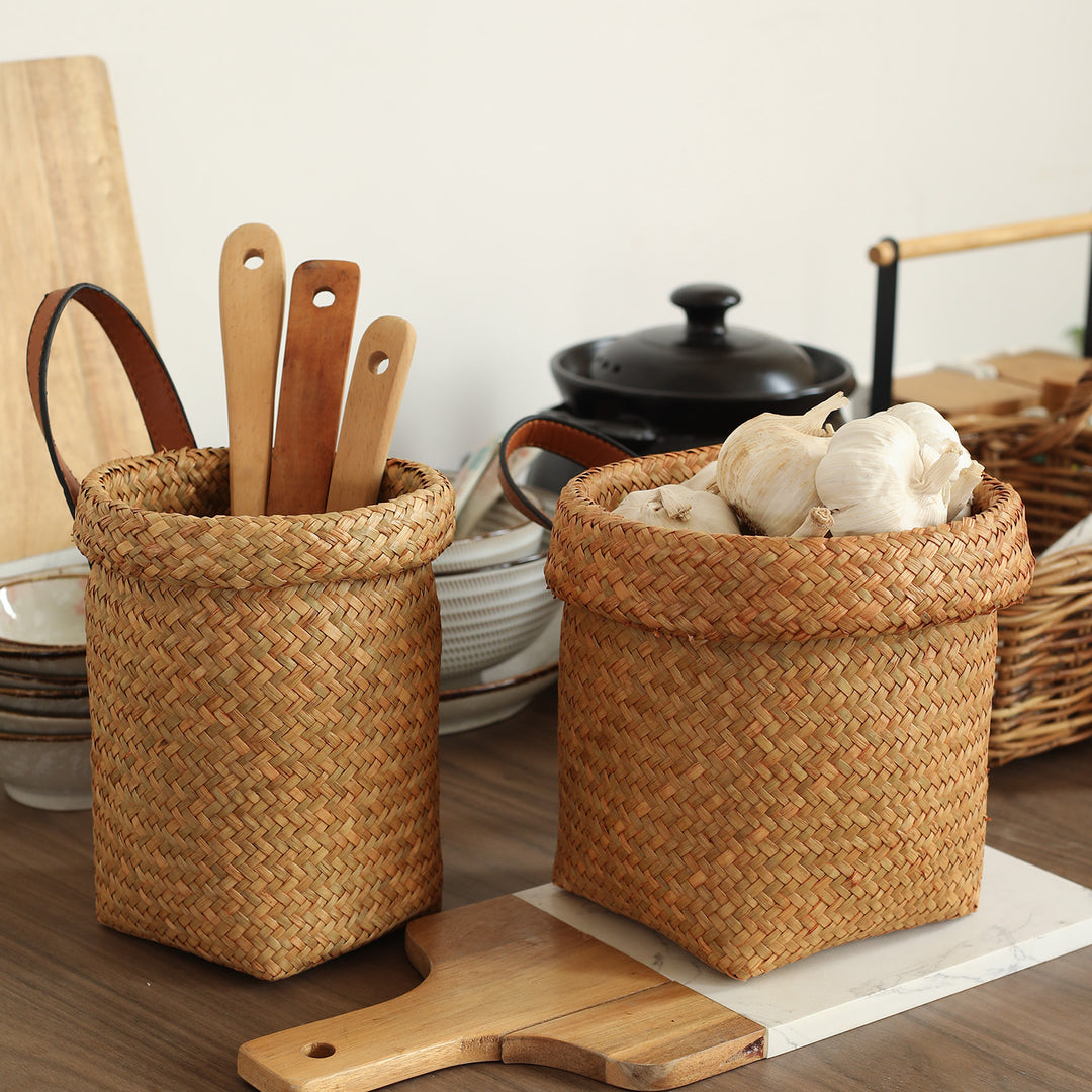 Handwoven Natural Storage Bin with Leather Trim Bowlift