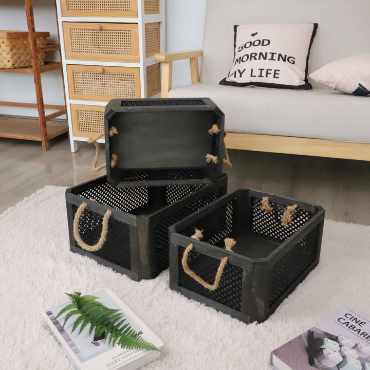 Open storage basket with natural fiber and raffia covering