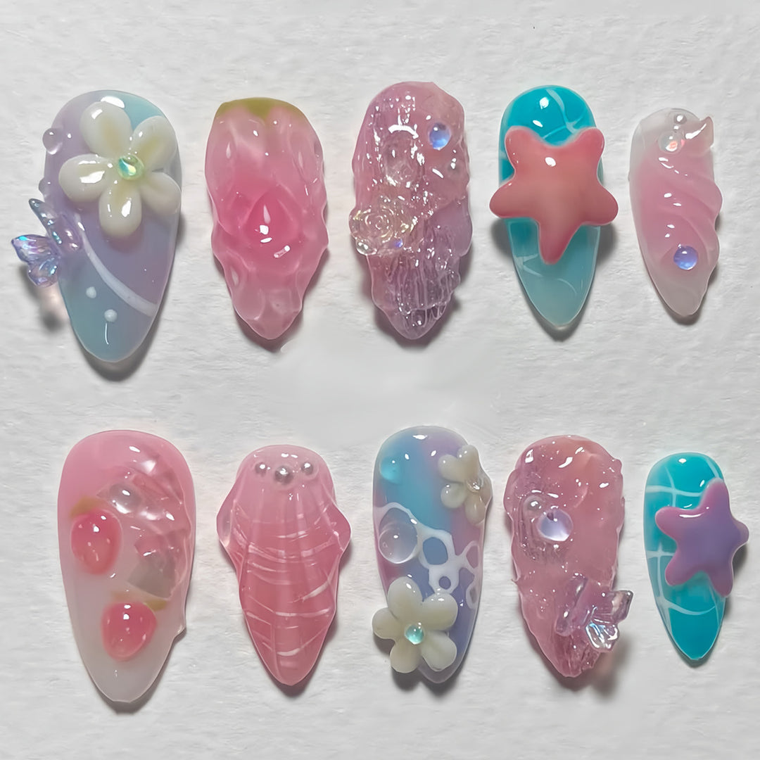 Artistic Sea-Themed Press-On Nail Art Bowlift