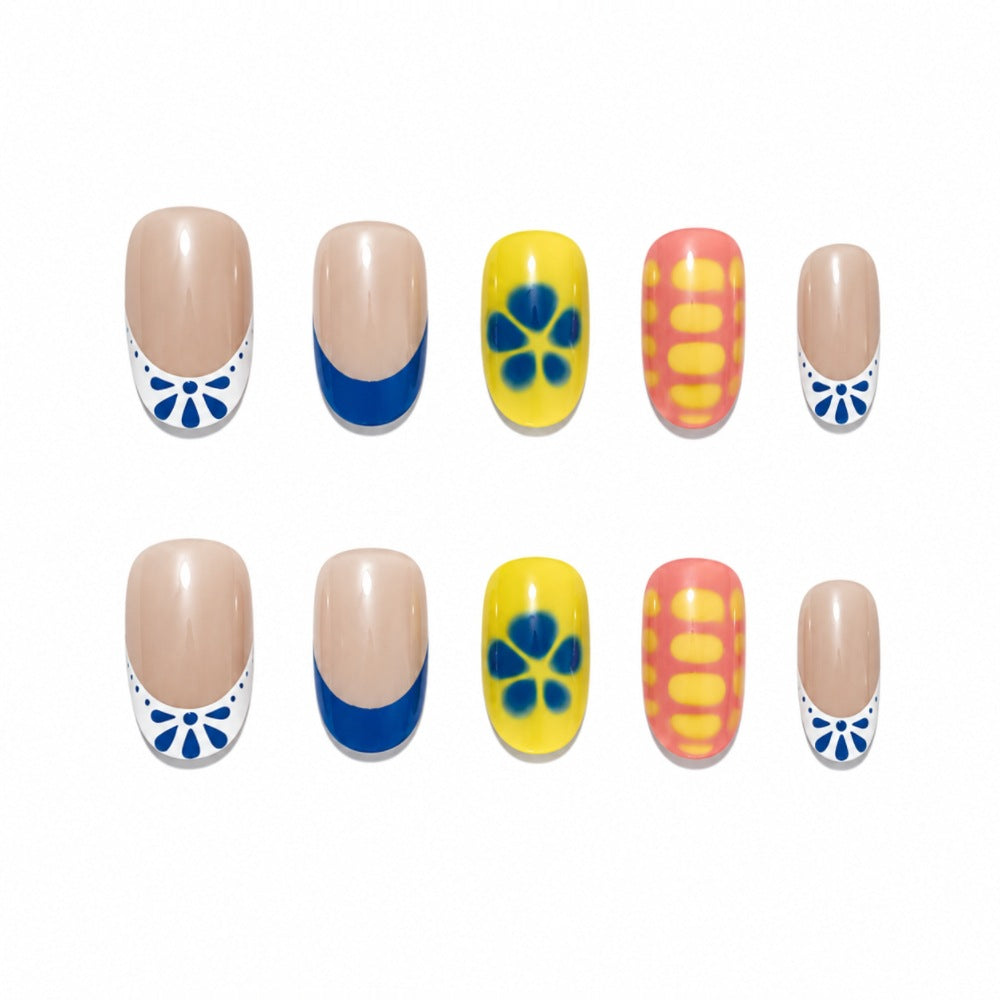 Artistic Press-On Nail Set with Floral and Geometric Designs Bowlift